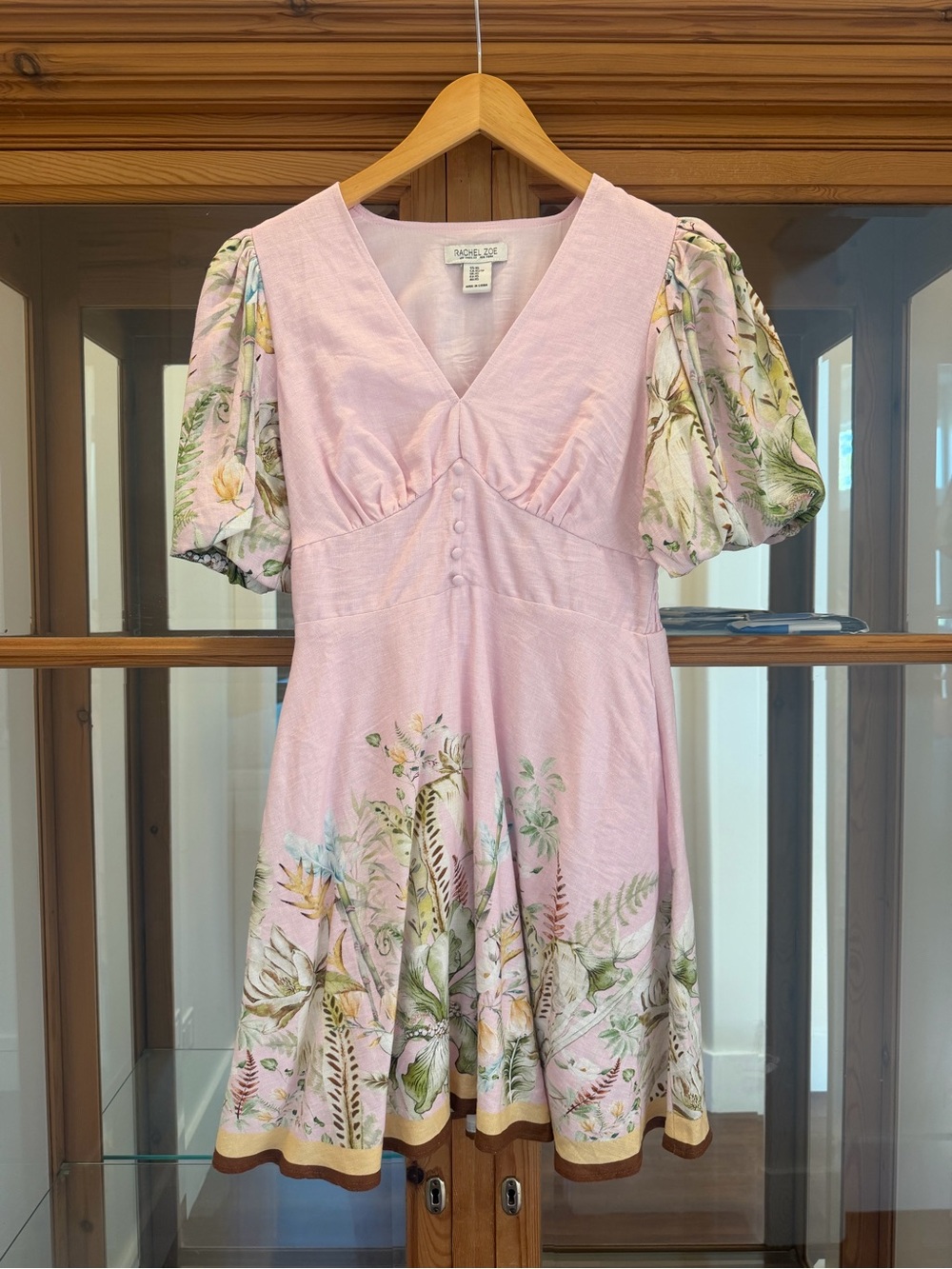 NWOT, XS, Rachel Zoe Pastel Pink Floral Puff-Sleeve Fit-and-Flare Dress